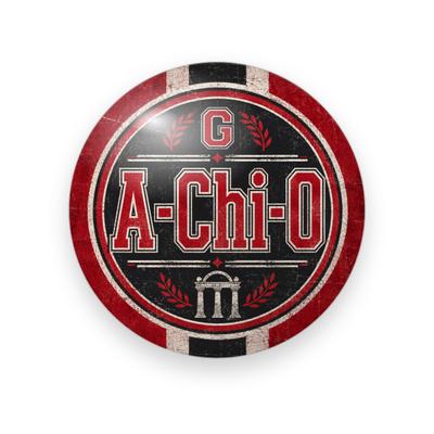 Alpha Chi Omega #054 button. Distressed red, black and cream striped badge with red varsity “A-Chi-O”, a red varsity “G”, laurels and the Arch.