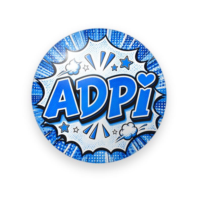 Alpha Delta Pi #045 button. Blue comic burst with halftone dots and blue bubble “ADPi” with a heart dotting the i, plus stars and puffs of smoke.