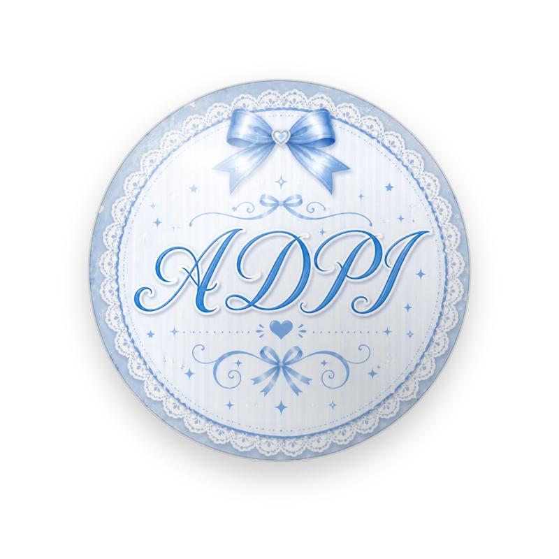 Alpha Delta Pi #047 button. Pale blue background with a lace border, blue script “ADPI”, a blue bow above, and small bows and a heart below.