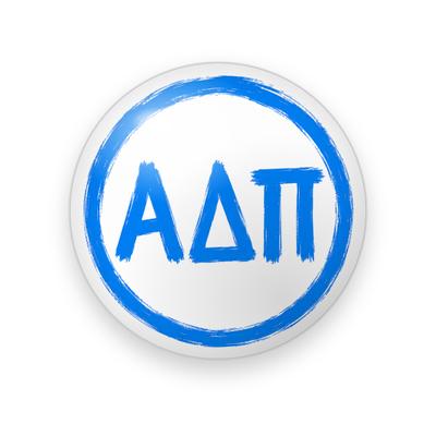 Alpha Delta Pi #058 button. White background with blue brush-painted Greek letters inside a hand-drawn blue brush circle.