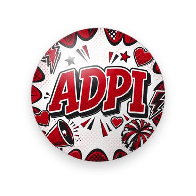Alpha Delta Pi #061 button. White comic background with red block “ADPI”, hearts, stars, lightning bolts, a megaphone and a pom-pom.