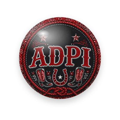 Alpha Delta Pi #062 button. Black background with a red rope and bandana border, red western “ADPI”, cowboy boots, a horseshoe and stars.