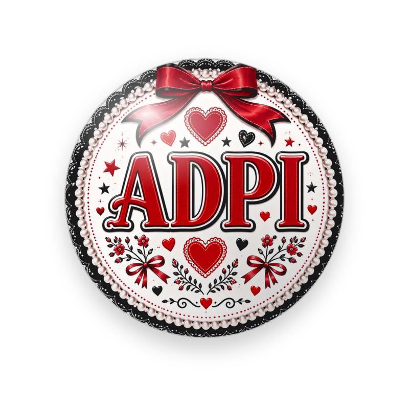 Alpha Delta Pi #063 button. Pearl and black lace border around a white center with red serif “ADPI”, a red satin bow, hearts, bows and folk flowers.