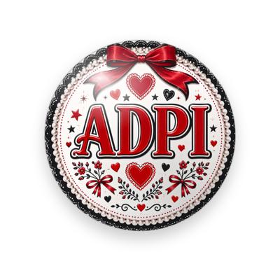 Alpha Delta Pi #063 button. Pearl and black lace border around a white center with red serif “ADPI”, a red satin bow, hearts, bows and folk flowers.