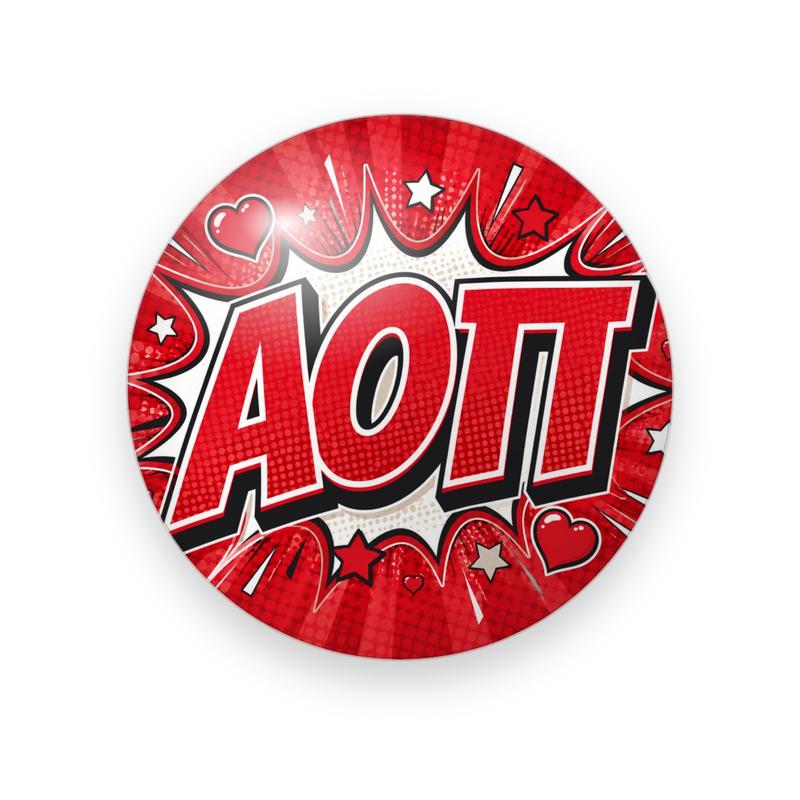 Alpha Omicron Pi #030 button. Red comic burst with halftone, stars and hearts behind red italic block Greek letters outlined in black and white.