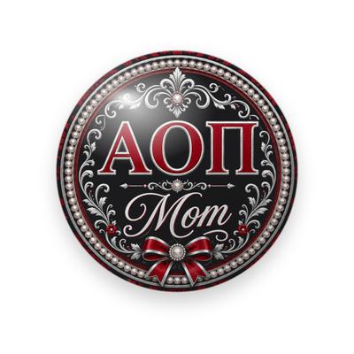 Alpha Omicron Pi #043 button. Black center with a pearl border and silver filigree, glossy red Greek letters, silver script “Mom” and a red bow with a pearl.