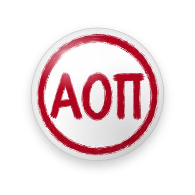 Alpha Omicron Pi #045 button. Plain white background with red brushstroke Greek letters inside a painted red circle.