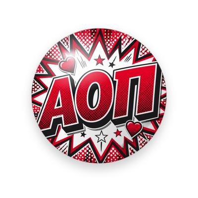 Alpha Omicron Pi #049 button. Red and white comic burst with halftone behind red italic block Greek letters outlined in black, hearts and stars.