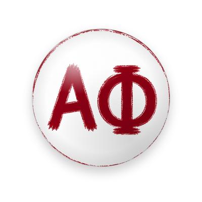 Alpha Phi #076 button. White background with red brushstroke Greek letters and a thin red painted rim.
