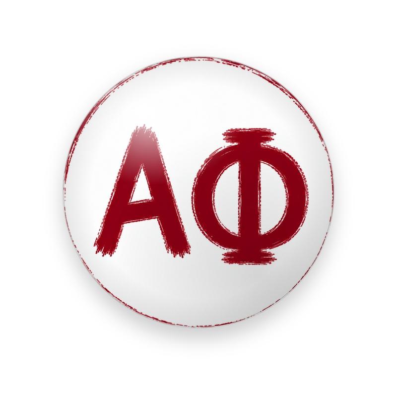 Alpha Phi #076 button. White background with red brushstroke Greek letters and a thin red painted rim.