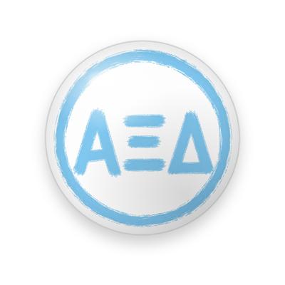 Alpha Xi Delta #044 button. White background with light blue brushstroke Greek letters inside a light blue painted ring.