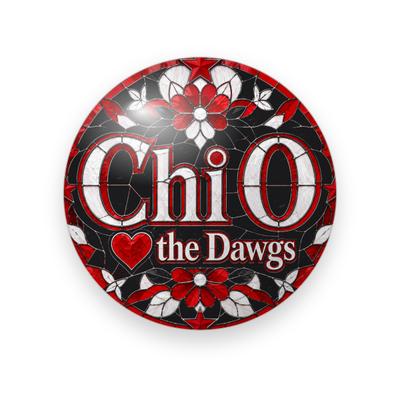 Chi Omega #070 button. Red, black, and white stained glass with flowers and stars around white “Chi O” lettering, a red heart, and “the Dawgs” in serif.
