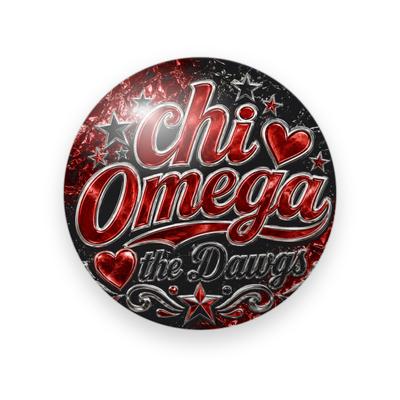Chi Omega #075 button. Black and red crackled foil background with the full name in glossy red script, hearts, stars, and “the Dawgs” in silver script.