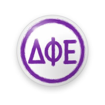 Delta Phi Epsilon #047 button. White background with purple brushstroke Greek letters inside a hand-painted purple circle.