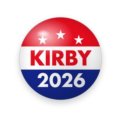 UGA #033 button. Campaign-style red, white, and blue bands with three white stars, “Kirby” in red capitals, and “2026” in white.