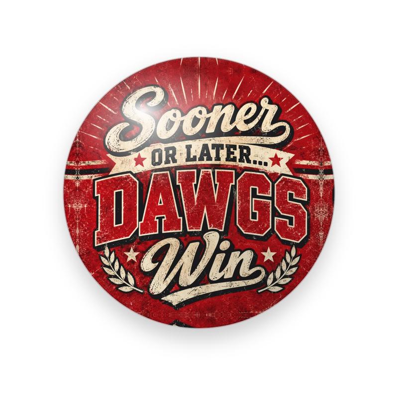 UGA #075 button. Distressed red sunburst background with “Sooner or Later… Dawgs Win” in cream script and bold red block capitals framed by laurels.
